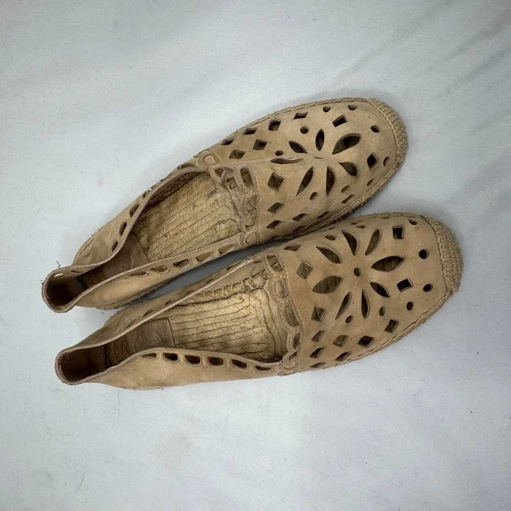 Tory Burch Espadrille Flats Women 8 Tan Laser Cut Suede Boho Summer Chic‎
